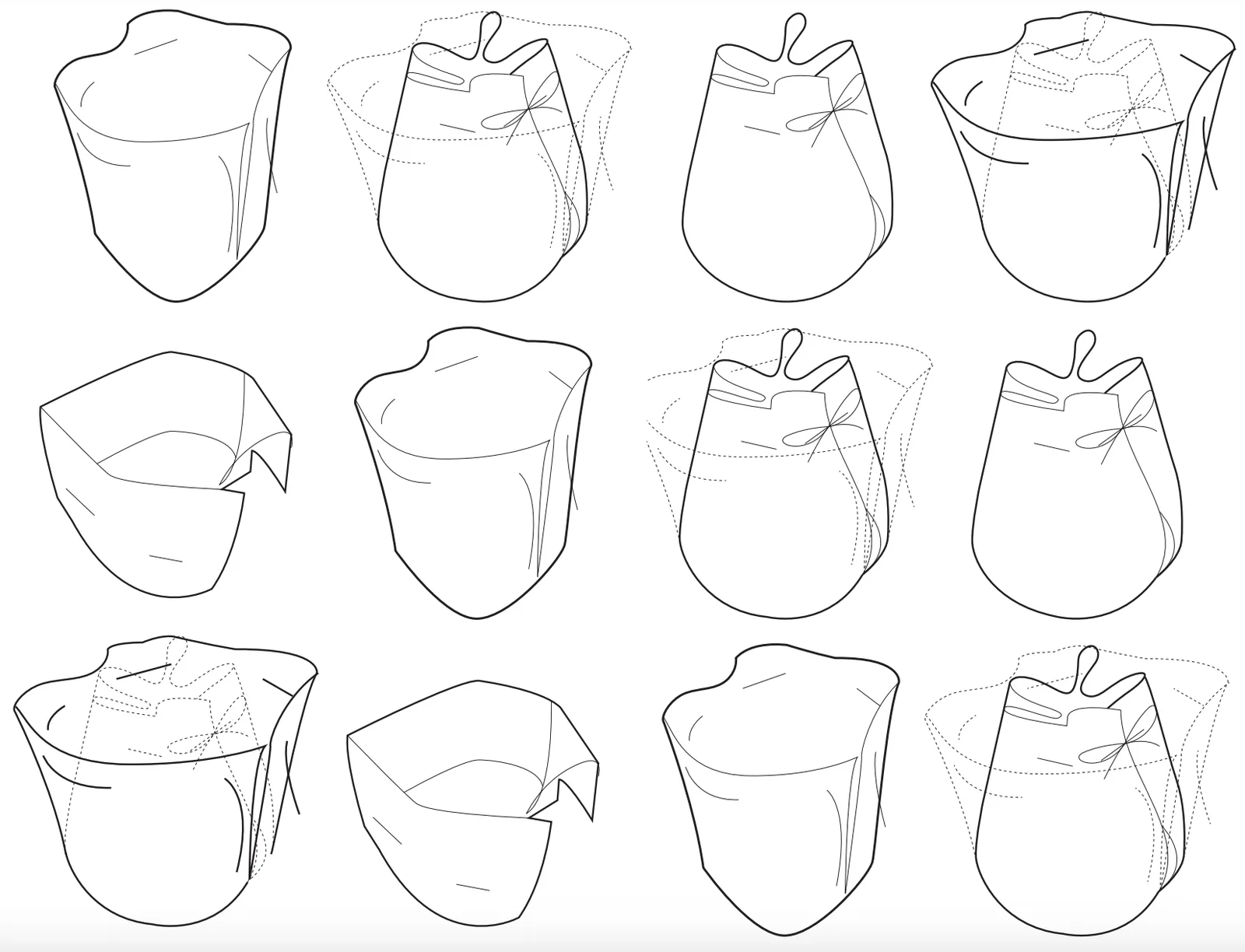 Grid of line drawings of a folded, gathered form from different angles